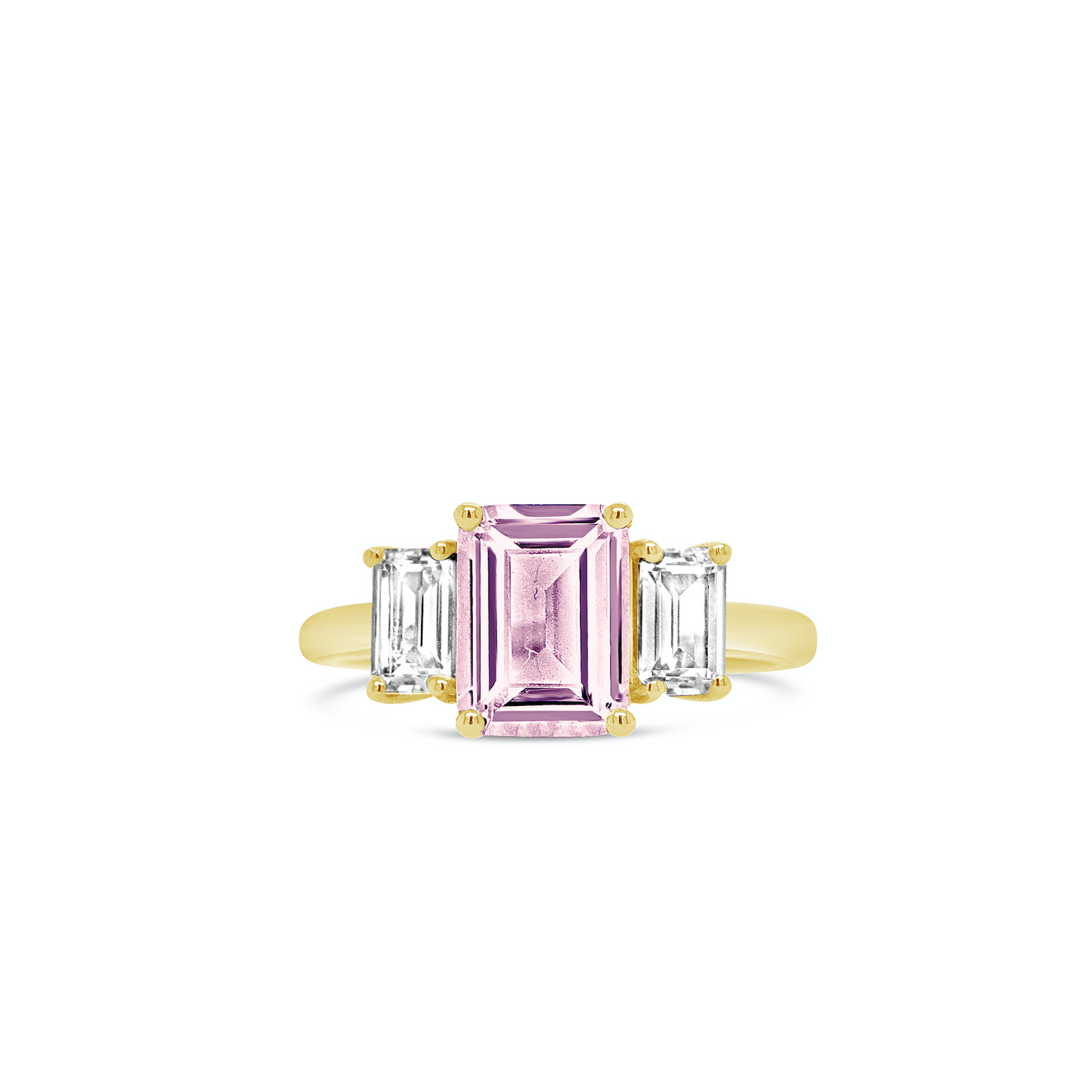 emerald cut pink sapphire engagement ring with trapezoid diamond side stones in yellow gold