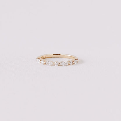 Marquise and round lab diamond half eternity wedding band in 14k yellow gold centered product view on white background