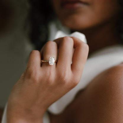 2 carat lab diamond old mine cut ring in gold on hand