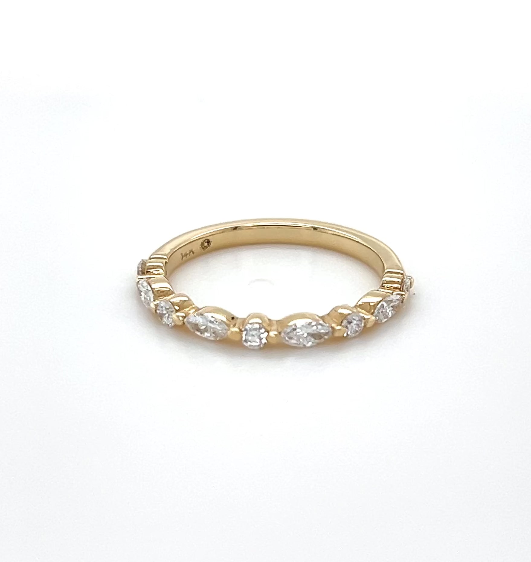 Ever After marquise and round lab diamond half eternity band in 14k yellow gold video showing all angles of the ring